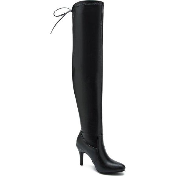Women Black Polyurethane Pointed Toe Over The Knee Thigh High Stiletto Heel Boot - Picture 3 of 7